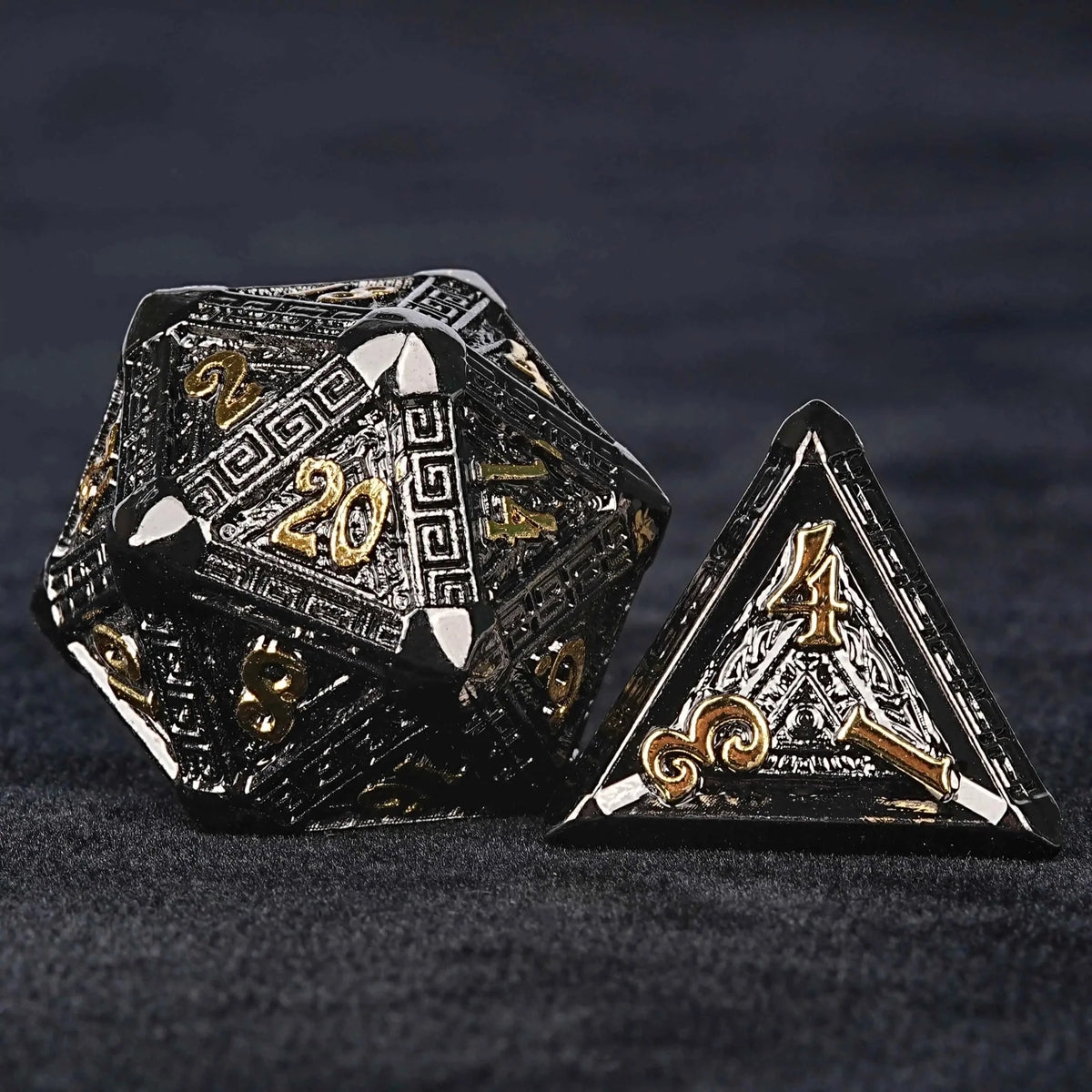 Maya Metal DND Dice Set – Personalized Design – Personalized Design 1 – Black Gold Metal DND Dice Set