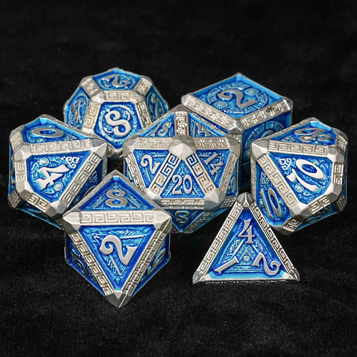 Maya Metal DND Dice Set – Personalized Design – Personalized Design 2 – Silver and Blue Greek Refrain Metal DND Dice Set