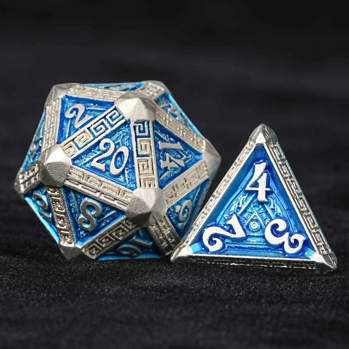 Maya Metal DND Dice Set – Personalized Design – Personalized Design 2 – Silver and Blue Greek Refrain Metal DND Dice Set