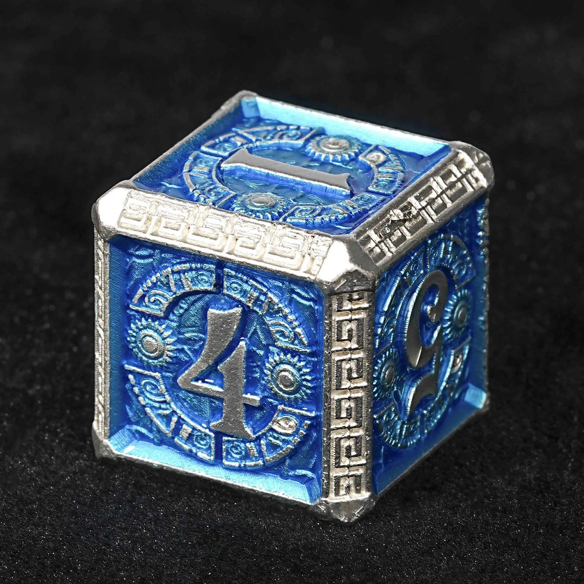 Maya Metal DND Dice Set – Personalized Design – Personalized Design 2 – Silver and Blue Greek Refrain Metal DND Dice Set