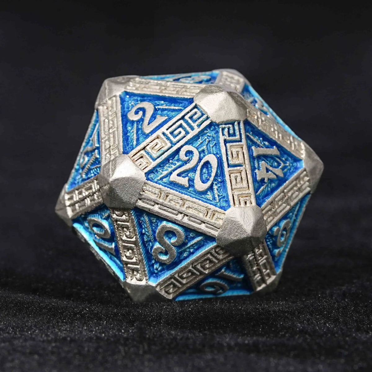 Maya Metal DND Dice Set – Personalized Design – Personalized Design 2 – Silver and Blue Greek Refrain Metal DND Dice Set