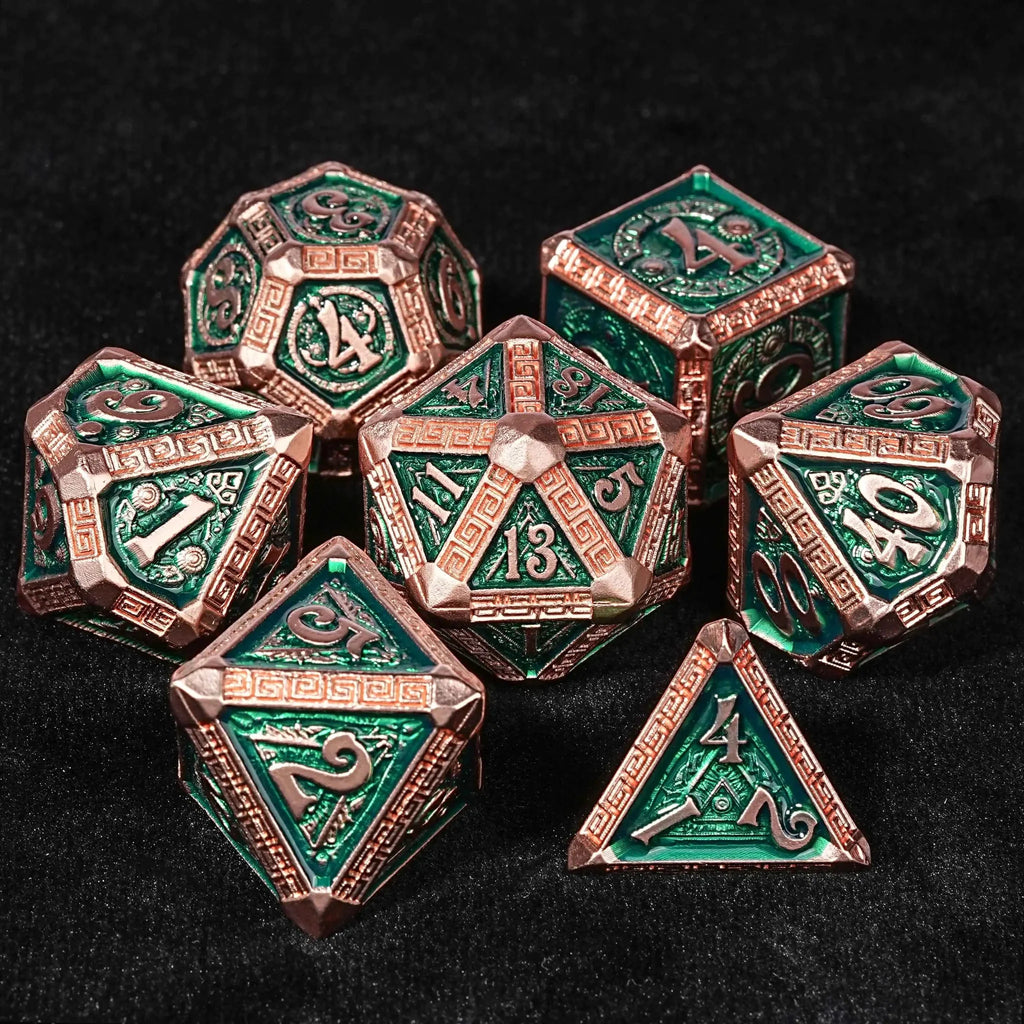 Mayan Inspired Metal DND Dice Set – The Exquisite Mayan - themed Dice set with Copper - and - green Design