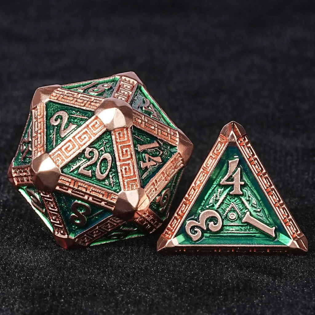 Mayan Inspired Metal DND Dice Set – The Exquisite Mayan - themed Dice set with Copper - and - green Design