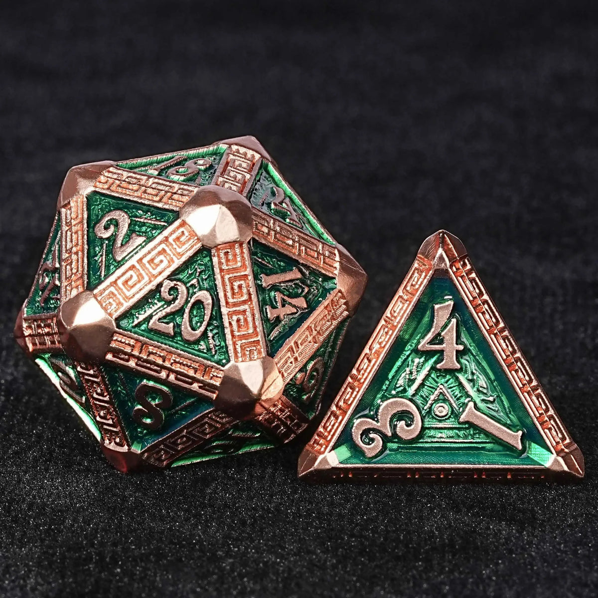 Mayan Inspired Metal DND Dice Set – The Exquisite Mayan - themed Dice set with Copper - and - green Design