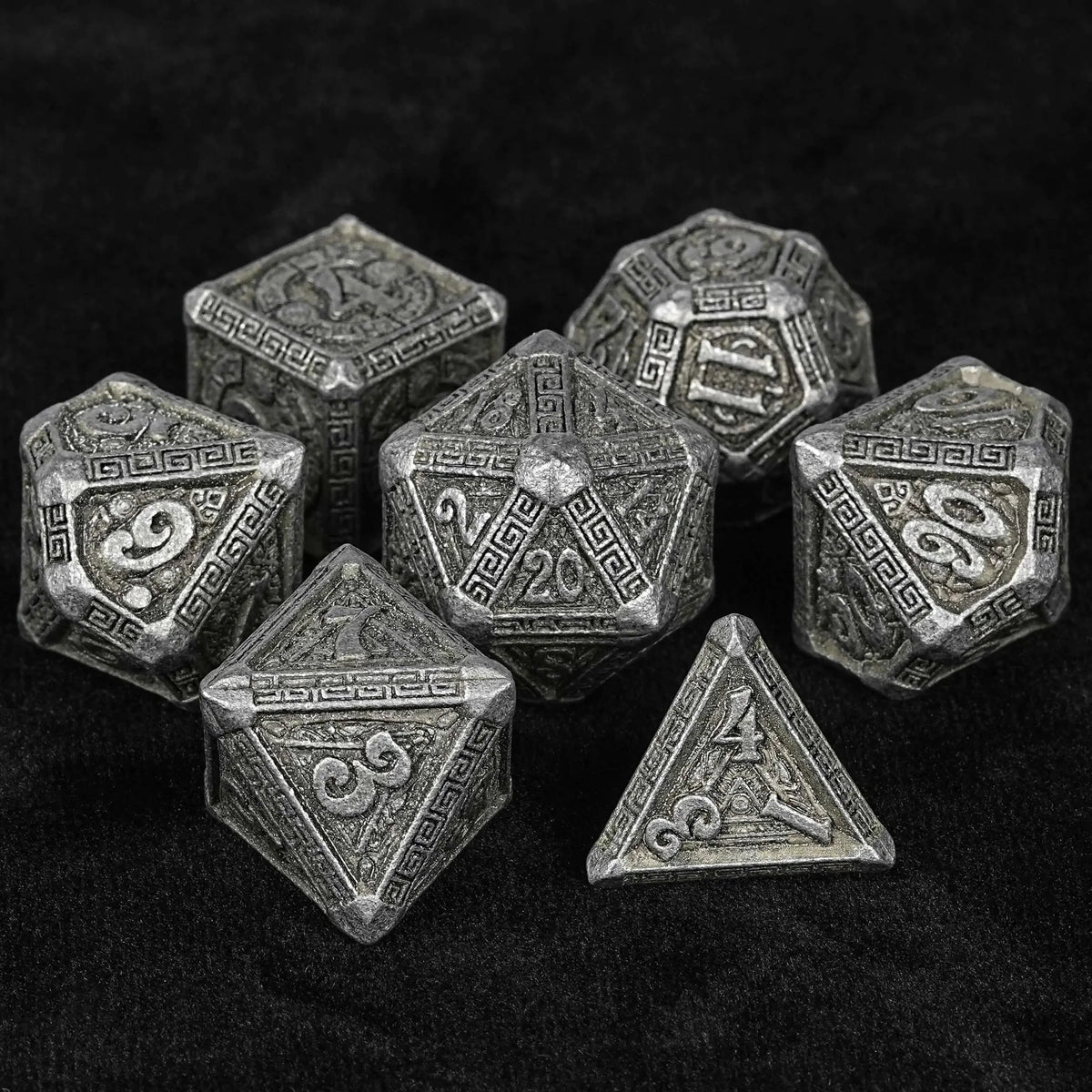 Mayan Metal DND Dice Set – Personalized Design – Personalized Design 1 – Ancient Greek Textured Metal DND Dice Set