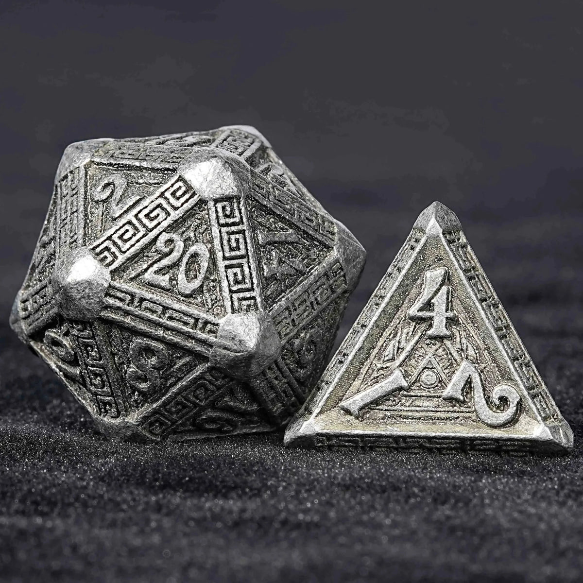 Mayan Metal DND Dice Set – Personalized Design – Personalized Design 1 – Ancient Greek Textured Metal DND Dice Set