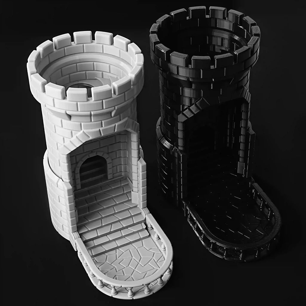 Medieval Castle Dice Tower – 3D printed PLA medieval castle dice tower, available in black and gray, retractable and