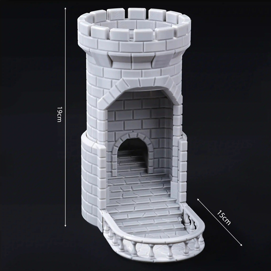 Medieval Castle Dice Tower – This 3D-printed PLA plastic gray medieval castle dice tower features detailed turrets