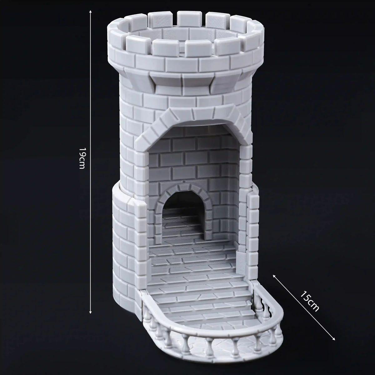 Medieval Castle Dice Tower – This 3D-printed PLA plastic gray medieval castle dice tower features detailed turrets