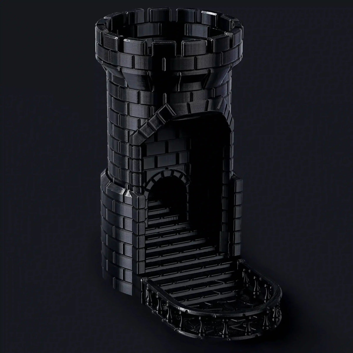 Medieval Castle Dice Tower – 3D printed PLA plastic black medieval castle dice tower, featuring turrets, battlements