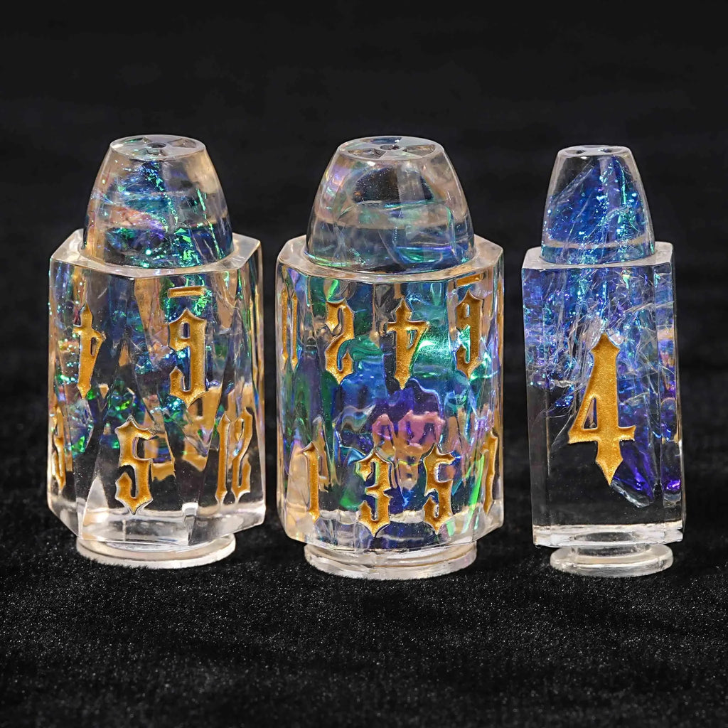 Metal Bullet Dice Set – Unique Bullet Shaped Clear Resin DND Dice Set + Gold Characters