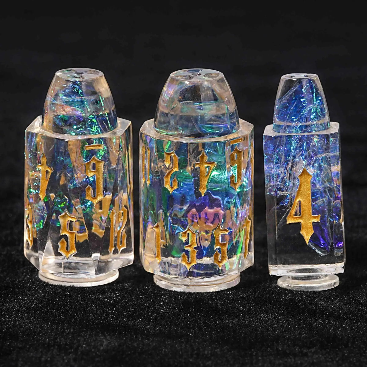 Metal Bullet Dice Set – Unique Bullet Shaped Clear Resin DND Dice Set + Gold Characters