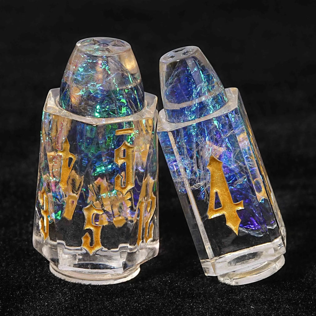 Metal Bullet Dice Set – Unique Bullet Shaped Clear Resin DND Dice Set + Gold Characters