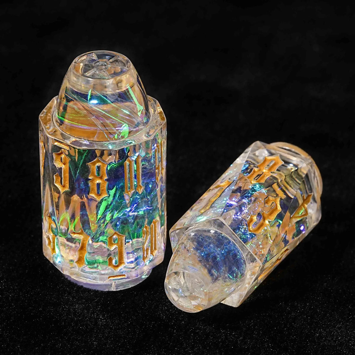 Metal Bullet Dice Set – Unique Bullet Shaped Clear Resin DND Dice Set + Gold Characters