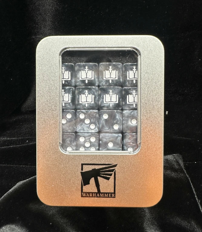 Metal D6 Dice – Grey Knights – 16mm Warhammer 40K Grey Knights Acrylic D6 Dice with Beige Pips (Set of 20 in Tin Box)