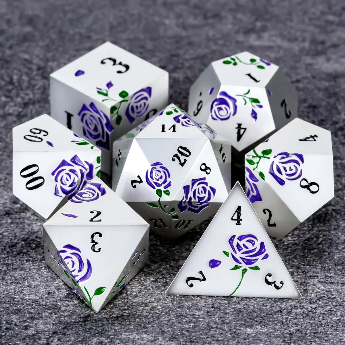 Metal DND Dice Set – Rose Flower DND Dice Silver Purple Metal Dice Set Valentine's Day Gift