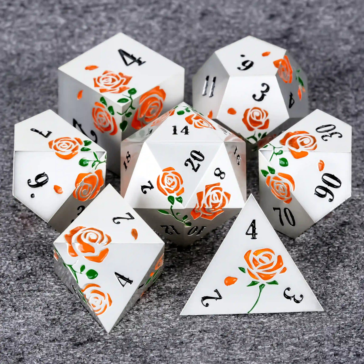 Metal DND Dice Set – Rose Flower DND Dice Silver and Orange Metal Dice Set | Valentine's Day Gift