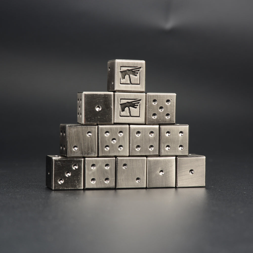 Metal D6 Dice Set – Warhammer 40K – Metal Warhammer 40K D6 Dice 10-piece set stacked in pyramid formation brushed steel