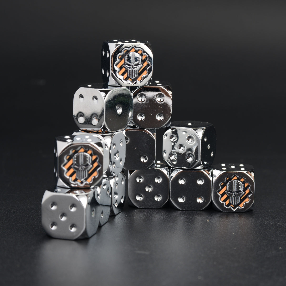 Metal D6 Dice – Necron Skull – Metal Warhammer 40K Necron Skull D6 Dice Set of 10 — Chrome Silver Dice Stacked Pyramid