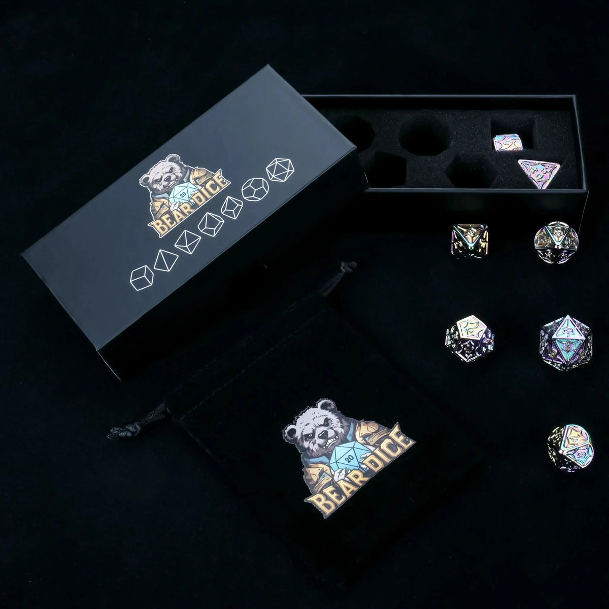 Interstellar Series Metal DND Dice Set – Metallic StarCraft DND dice set with a black foam-lined dice case and a black