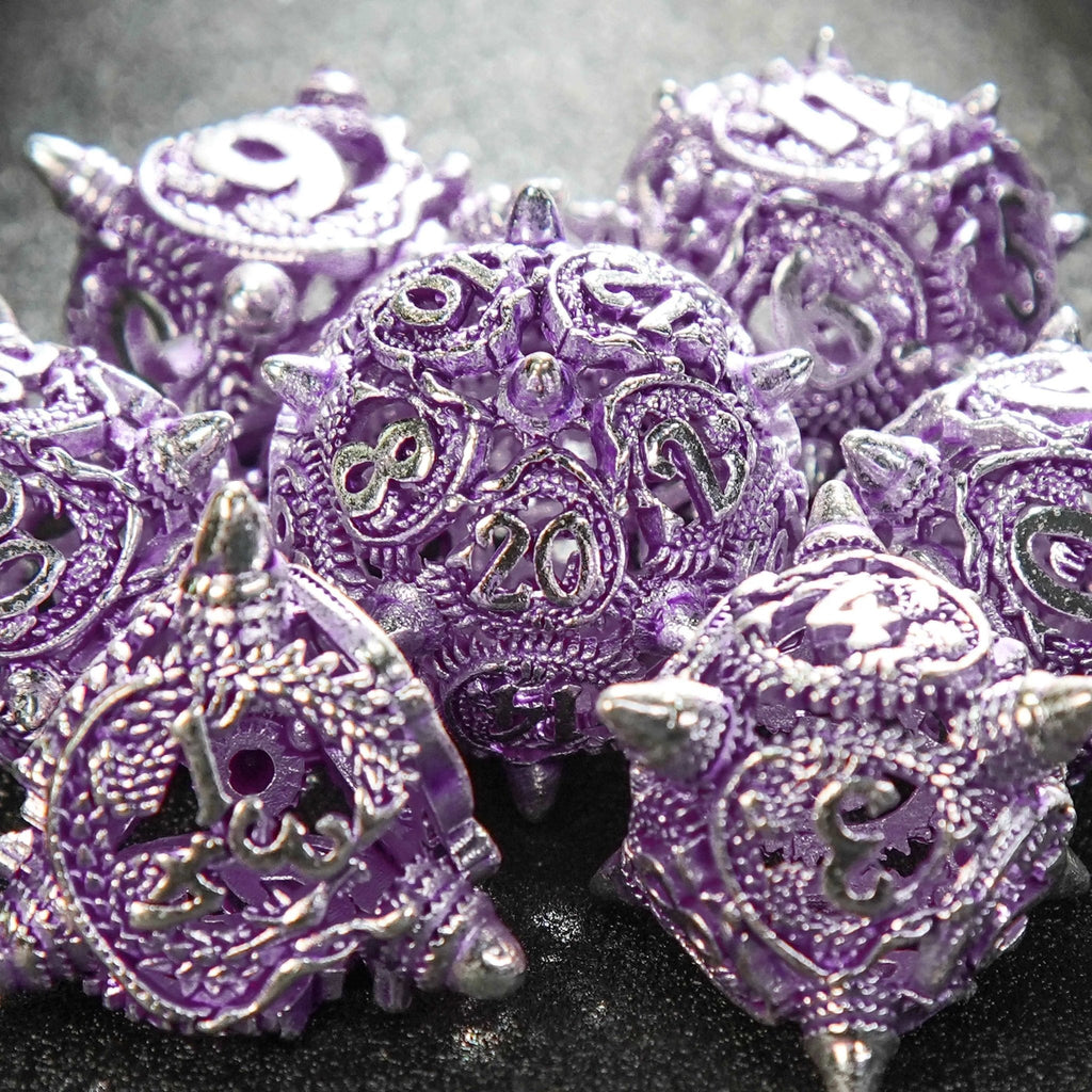 Meteor Hammer Metal DND Dice Set – Silver purple meteor hammer hollow metal dnd dice set + silver font