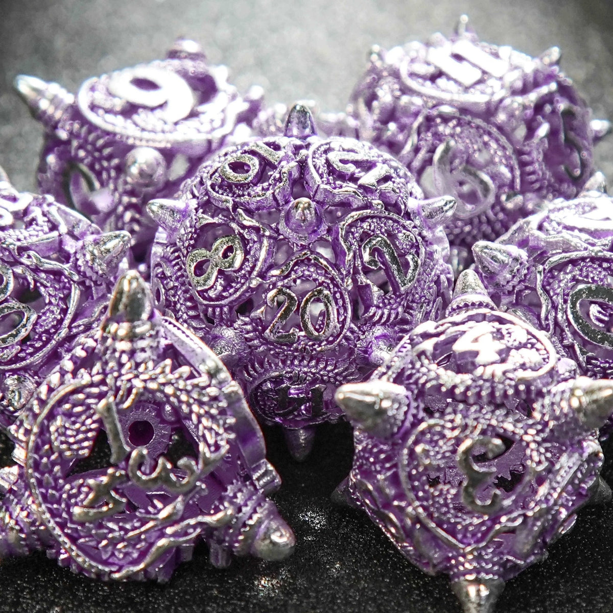 Meteor Hammer Metal DND Dice Set – Silver purple meteor hammer hollow metal dnd dice set + silver font