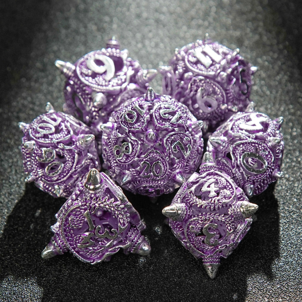 Meteor Hammer Metal DND Dice Set – Silver purple meteor hammer hollow metal dnd dice set + silver font