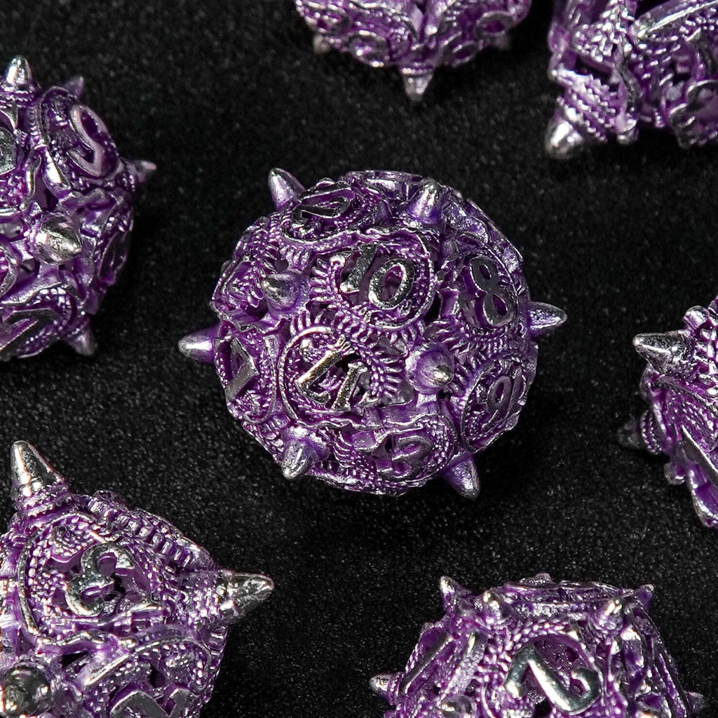 Meteor Hammer Metal DND Dice Set – Silver purple meteor hammer hollow metal dnd dice set + silver font