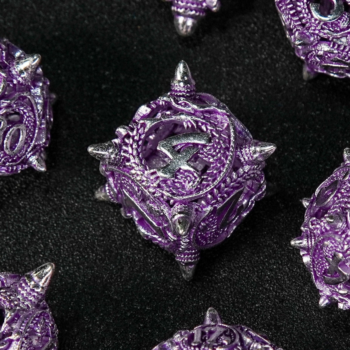 Meteor Hammer Metal DND Dice Set – Silver purple meteor hammer hollow metal dnd dice set + silver font