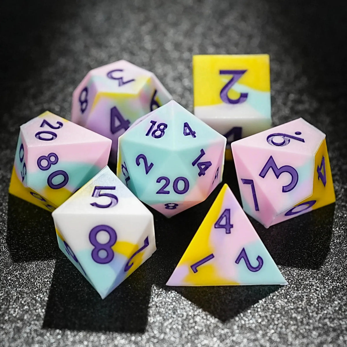 Mixed Color Silicone DND Dice Set – Colorful mixed color board game silicone polyhedron dice set + purple numbers