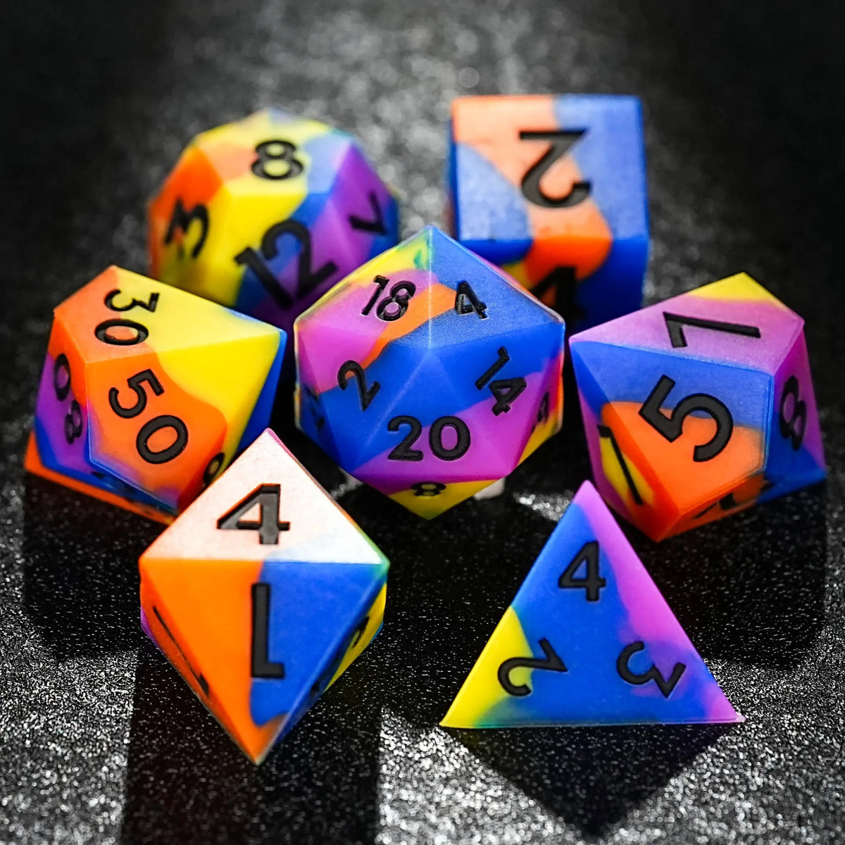 Mixed Color Silicone DND Dice Set – Colorful mixed color board game silicone polyhedron dice set + purple numbers