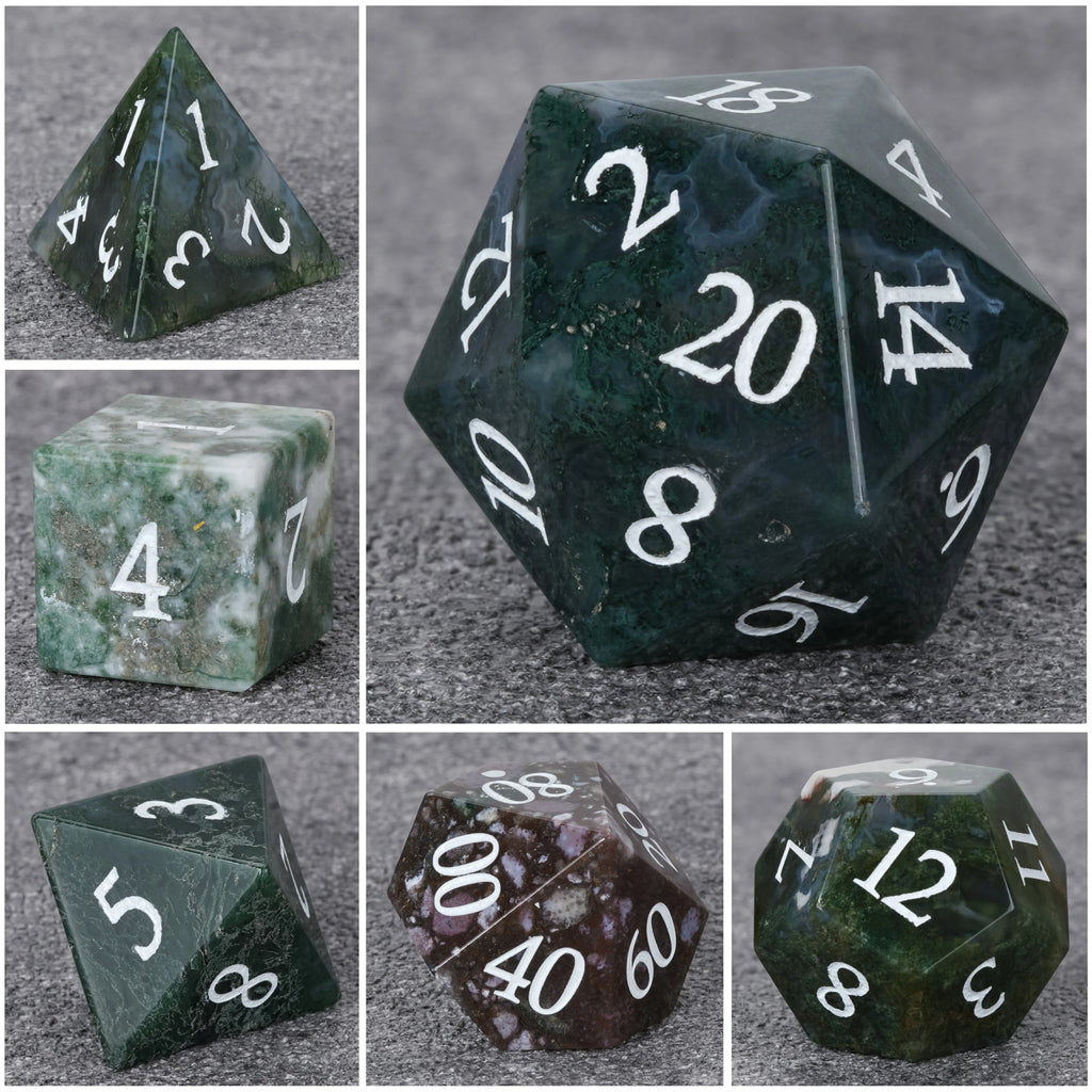 Moss Agate Natural Stone RPG Dice Set