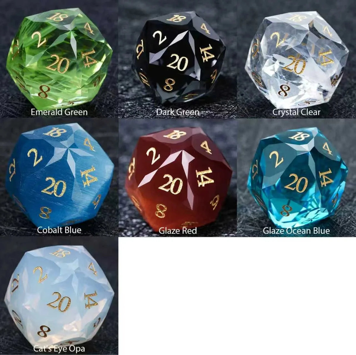 Multi Sided Gemstone DND Dice Set – DND multi-faceted engraved glass gemstone dice set comes in 7 colors: cobalt blue