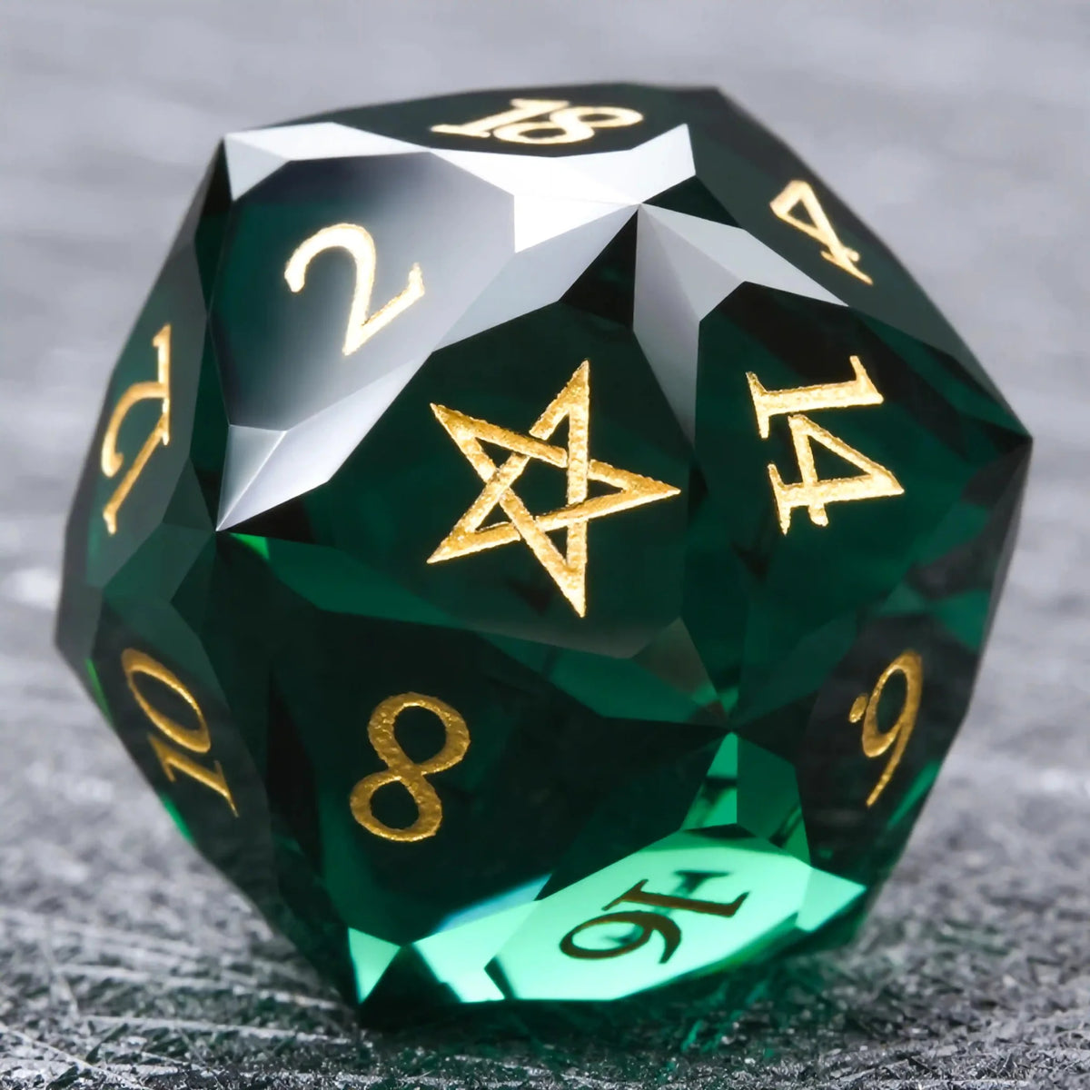 Multi Sided Gemstone DND Dice Set – DND Multifaceted Dark Green Clear Glass D20 Dice with Engraved Gold Five-Pointed