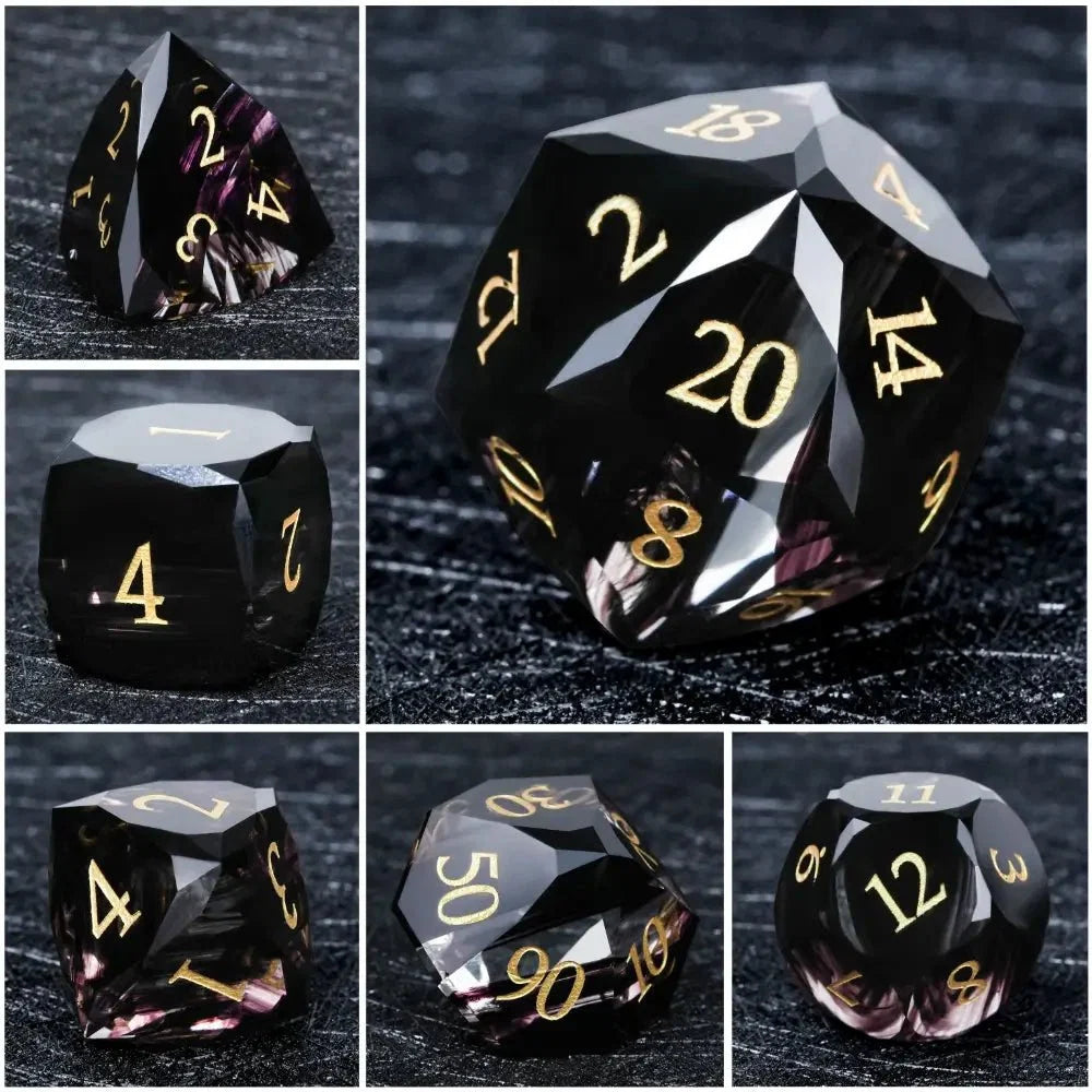 DND Dice - Obsidian Gemstone Multi - Sided Dice Set + Gold Numbers - NPCDICE