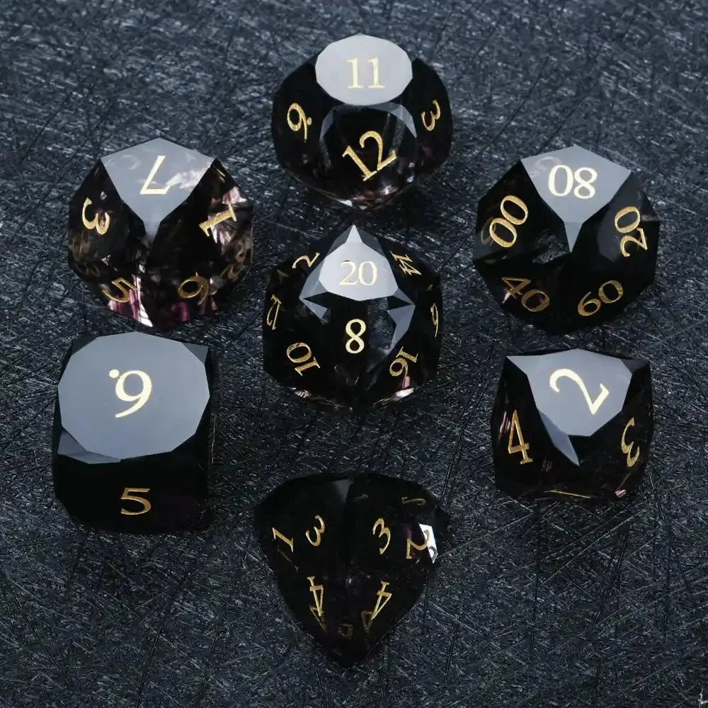 DND Dice - Obsidian Gemstone Multi - Sided Dice Set + Gold Numbers - NPCDICE