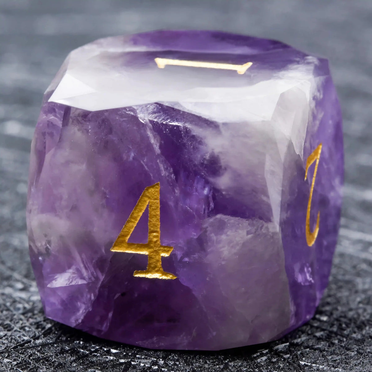 Multi Sided Natural Stone D&D Dice Set – DND Multifaceted Natural Amethyst D6 Dice, Engraved with Gold Numbers