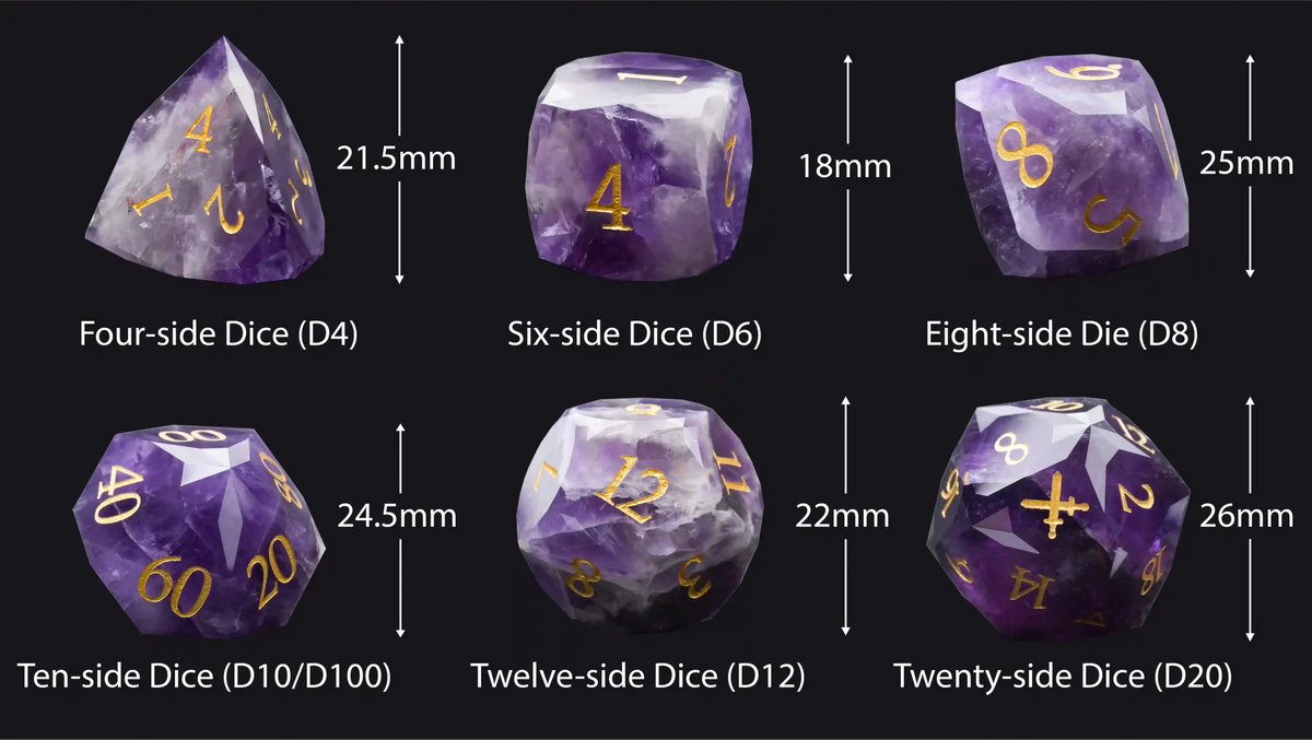 Multi Sided Natural Stone D&D Dice Set – DND Multifaceted Natural Gemstone Dice Set Sizes: D4 Dice ≈ 21.5 mm; D6 Dice ≈