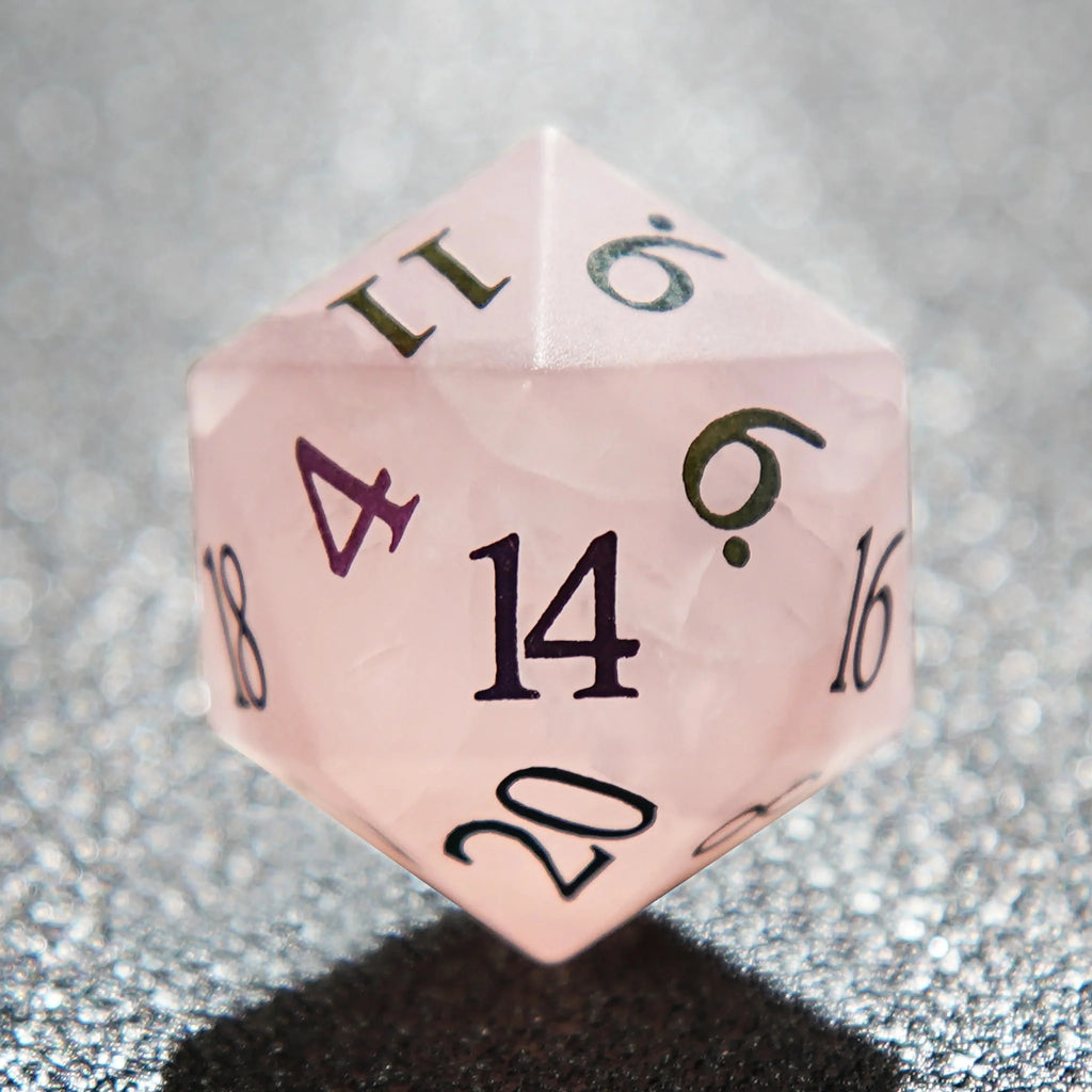Multicolor Frosted Natural Stone RPG Dice Set – Pink frosted crystal dice D&D gemstone dice set + color font