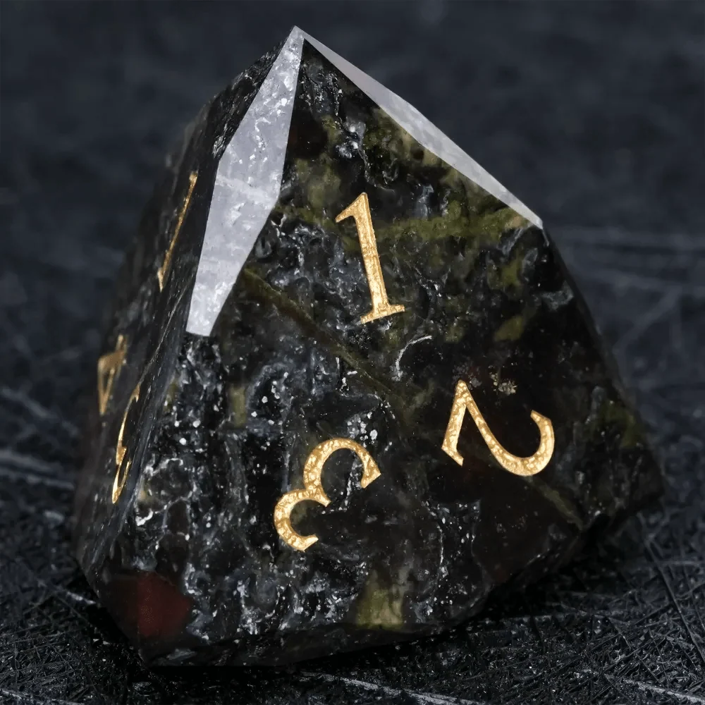 Natural Colored Natural Stone DND Dice Set – Natural Colored Ore Gemstone Dice Set | Diamond Cut Gold Engraving DND