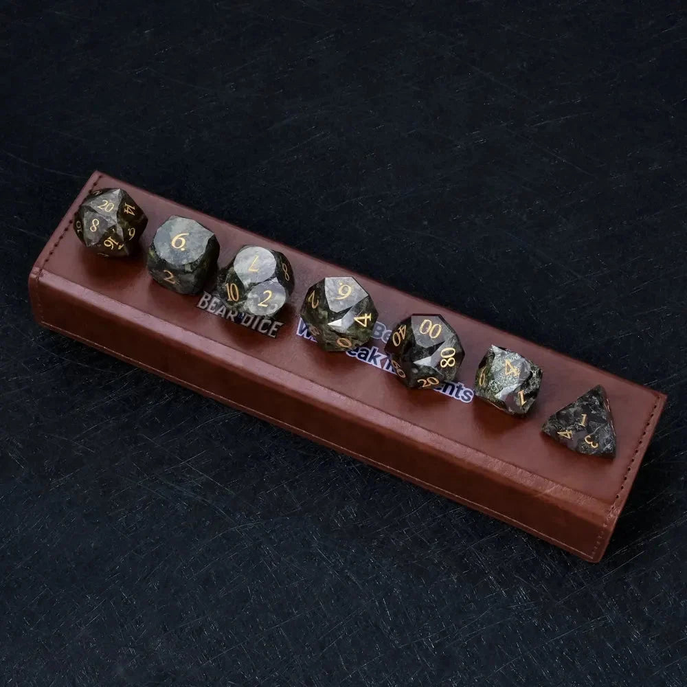 Natural Colored Natural Stone DND Dice Set – Natural Colored Ore Gemstone Dice Set | Diamond Cut Gold Engraving DND