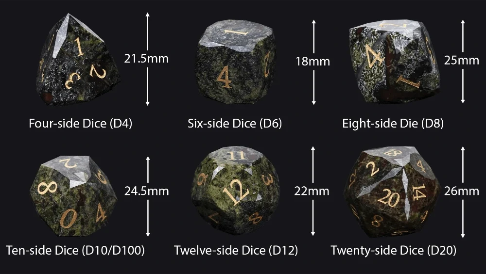 Natural Colored Natural Stone DND Dice Set – Natural Colored Ore Gemstone Dice Set | Diamond Cut Gold Engraving DND