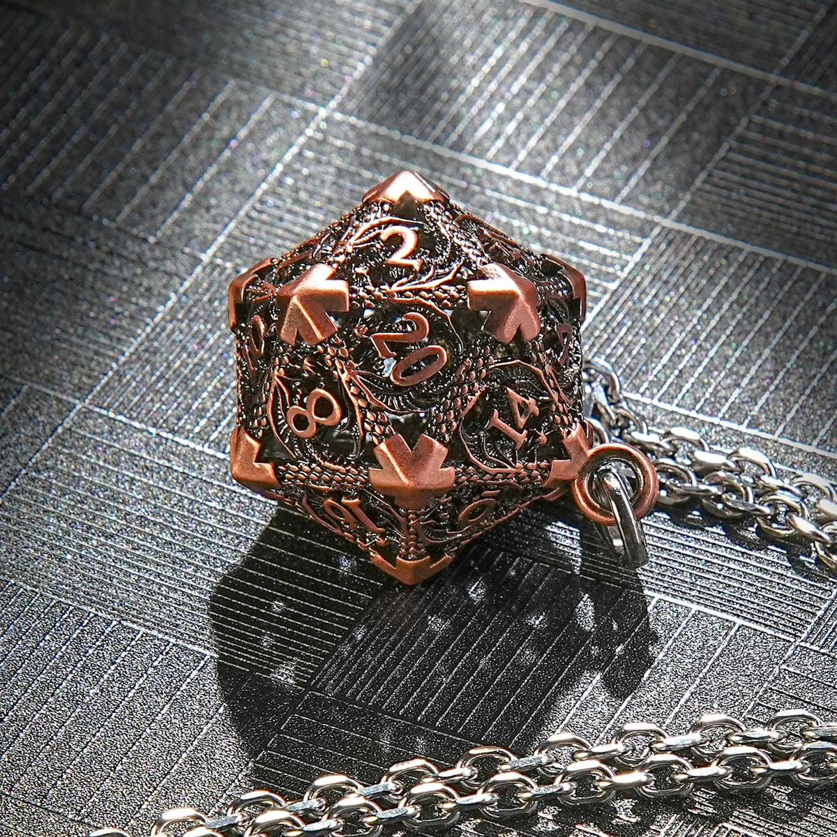 Necklace Keychain D20 Dice Set – Antique Copper Metal Hollow D20 Dragon Dice Cage Necklace + DND Mini Metal Dice Set
