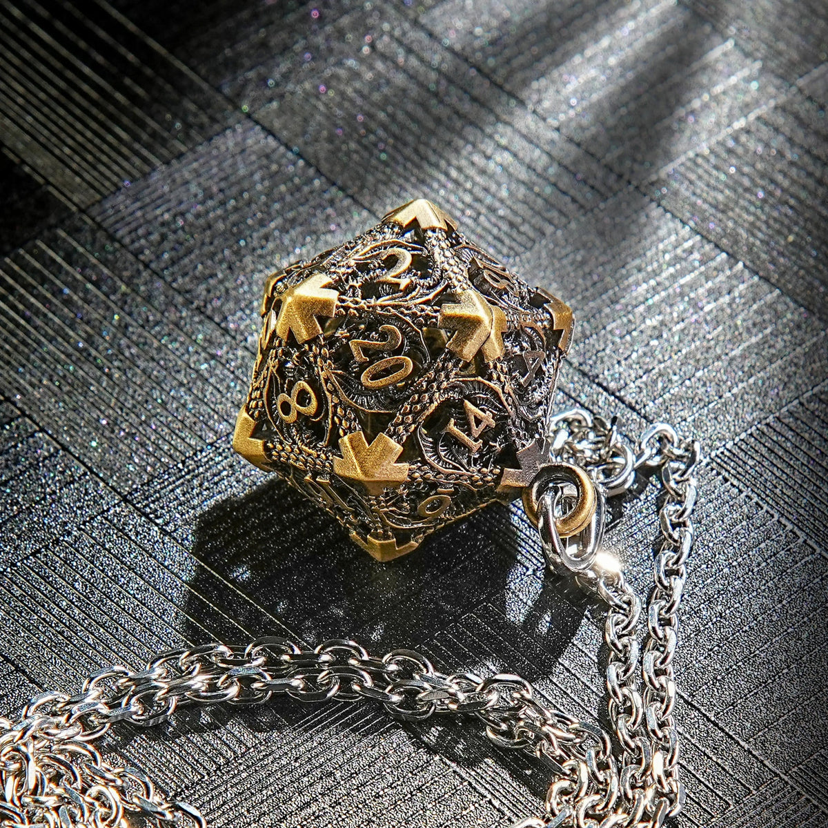 Necklace Keychain D20 Dice Set – Antique Copper Metal Hollow D20 Dice Cage Necklace + DND Mini Metal Dice Set