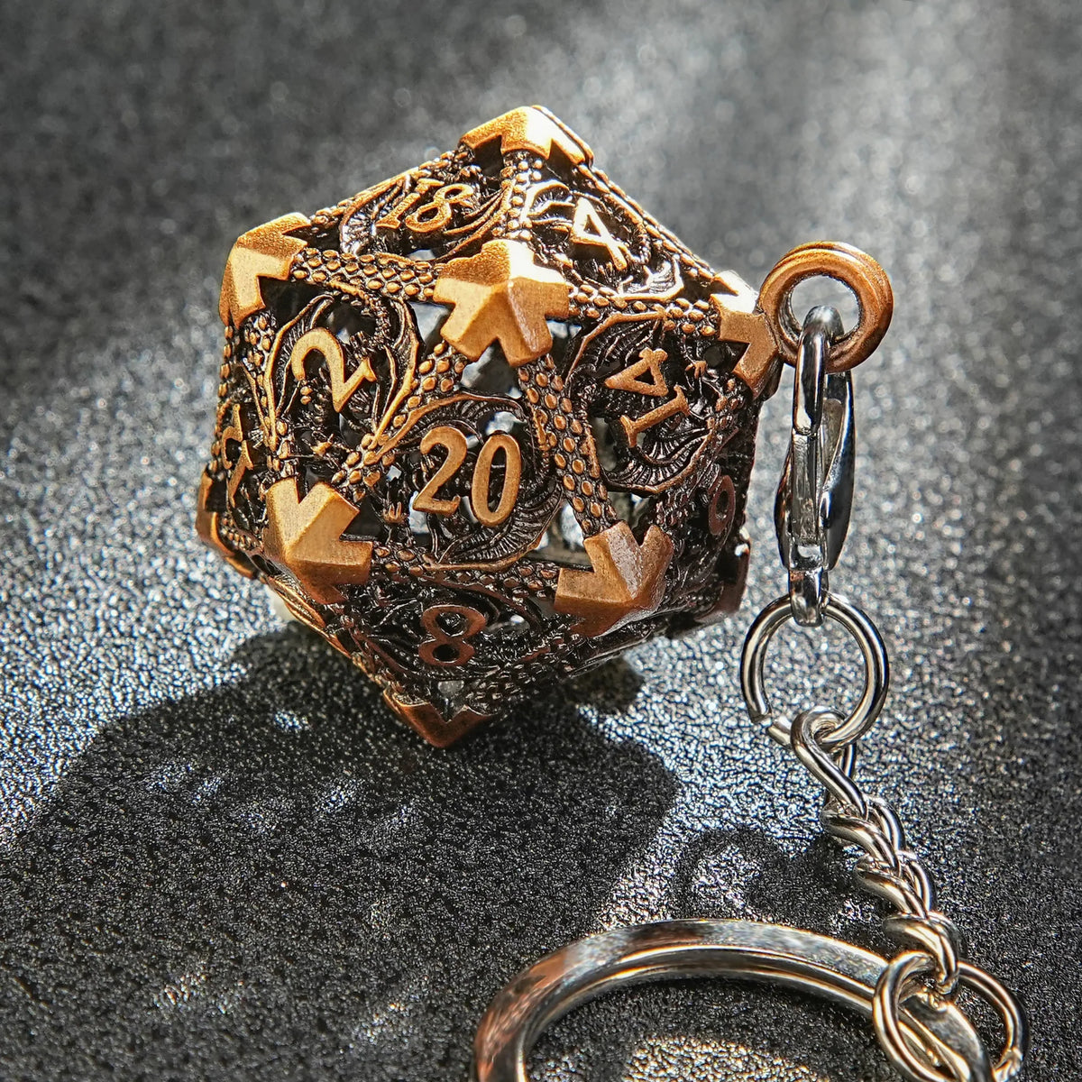 Necklace Keychain D20 Dice Set – Antique Gold Metal Hollow D20 Dragon Dice Cage Keychain
