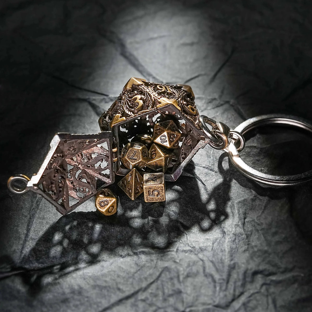 Necklace Keychain D20 Dice Set – Antique Gold Metal Hollow D20 Dragon Dice Cage Keychain + Antique Gold DND Mini Metal