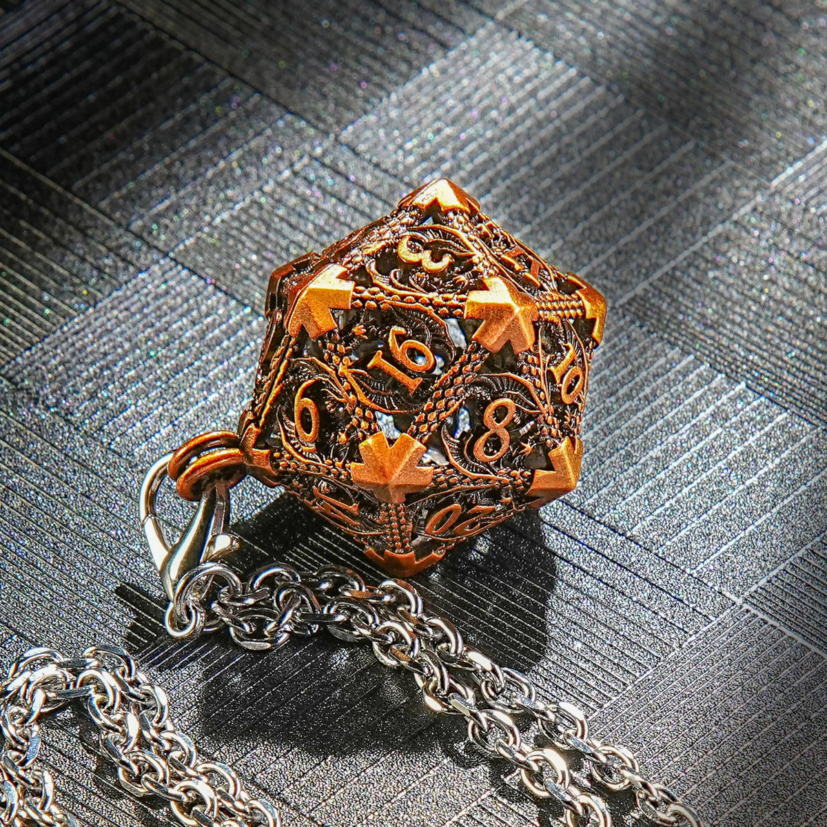 Necklace Keychain D20 Dice Set – Antique Gold Metal Hollow D20 Dice Cage Necklace + DND Mini Metal Dice Set