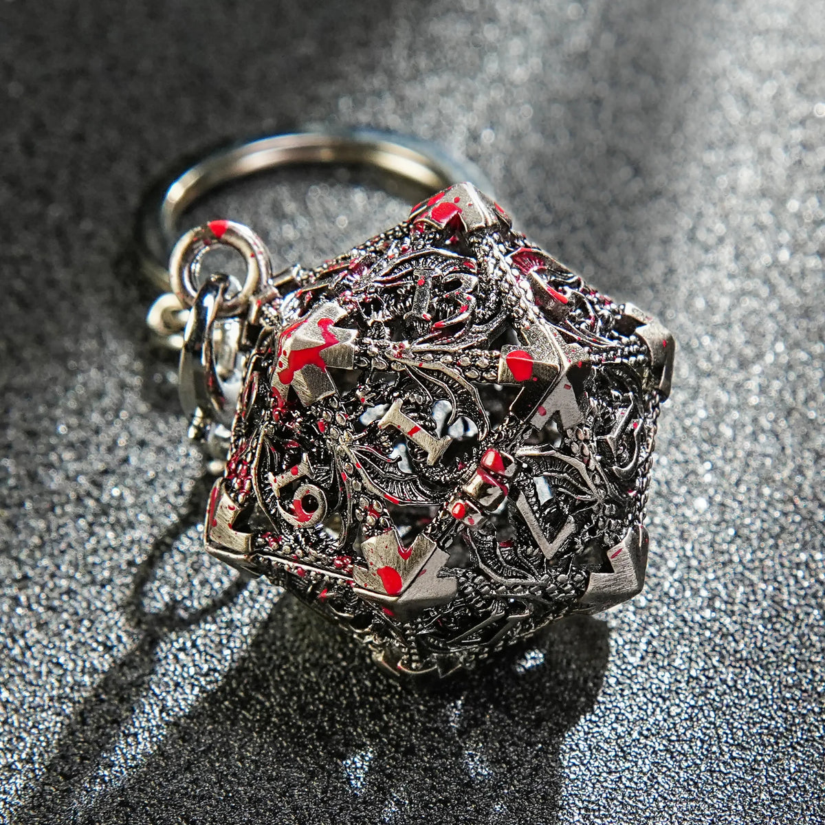 Necklace Keychain D20 Dice Set – Bloodstained Nickel Metal Hollow D20 Dragon Dice Cage Keychain