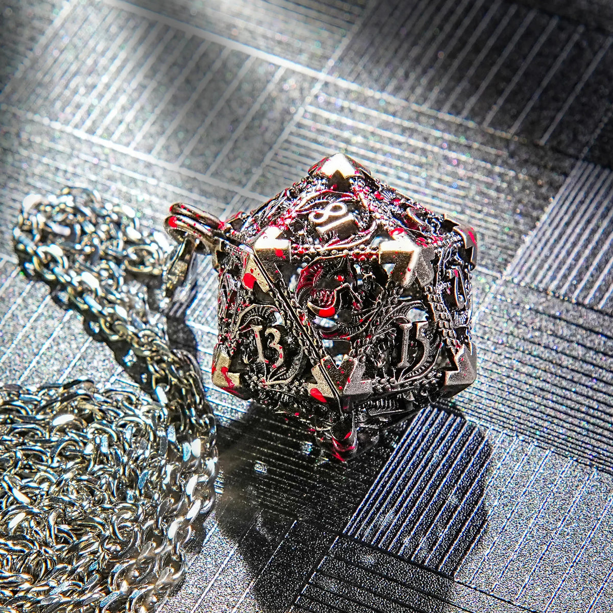 Necklace Keychain D20 Dice Set – Bloodstained Nickel Metal Hollow D20 Dice Cage Necklace + DND Mini Metal Dice Set