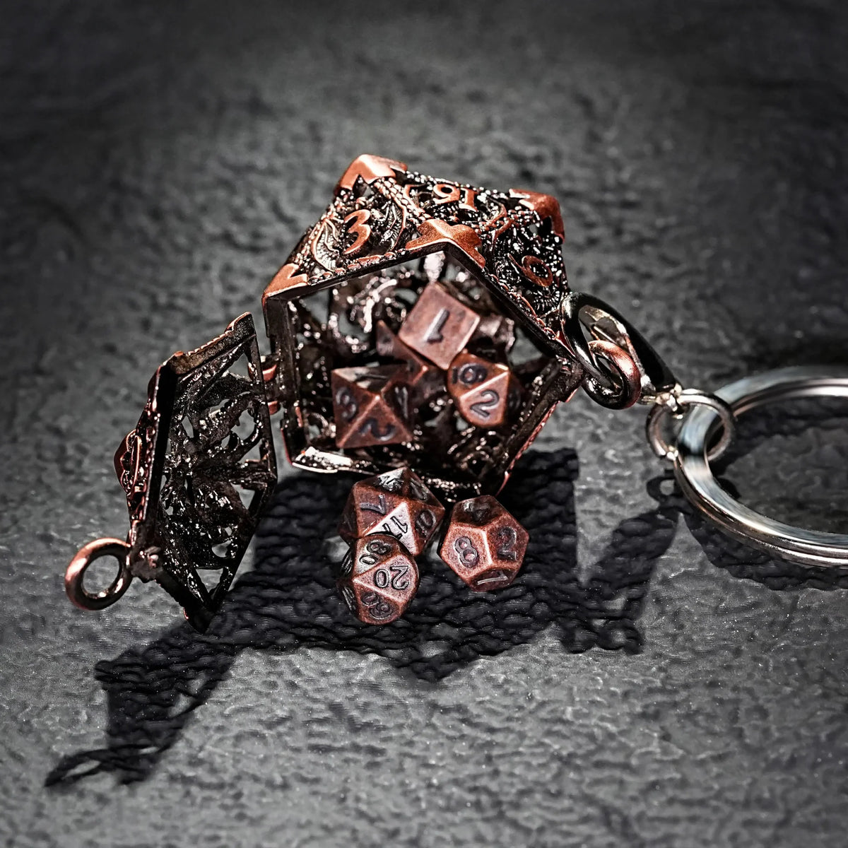 Necklace Keychain D20 Dice Set – Bronze Metal D20 Dragon Dice Cage Keychain + Bronze DND Mini Metal Dice Set